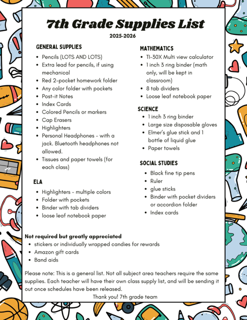 7th Grade Supply List